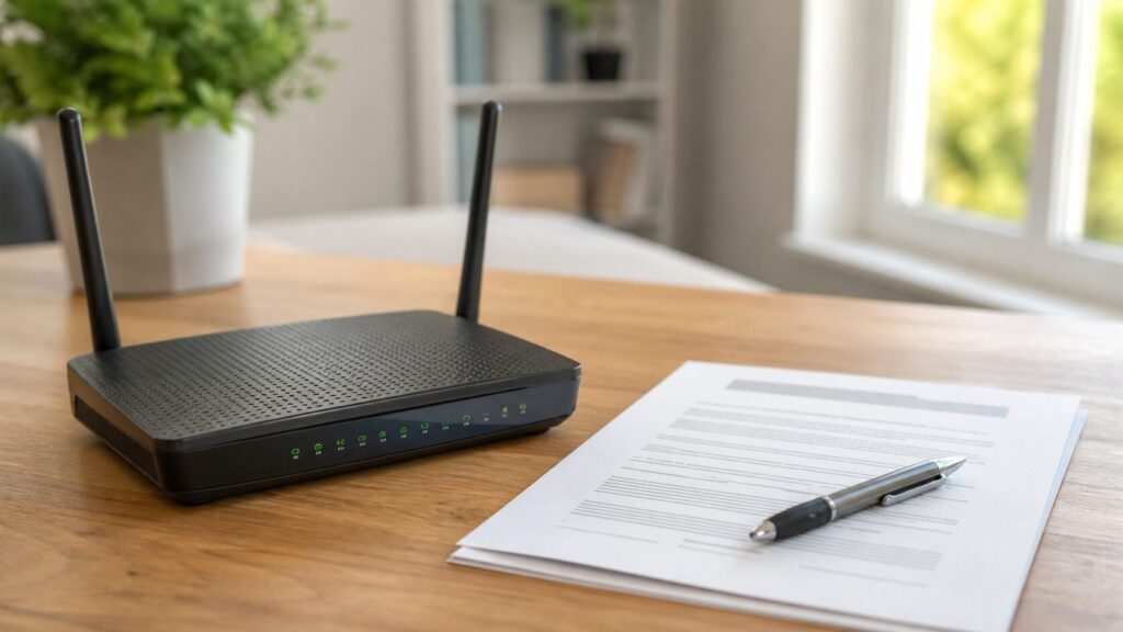 机に置かれた家庭用Wi-Fiルーターと光回線の契約書類
