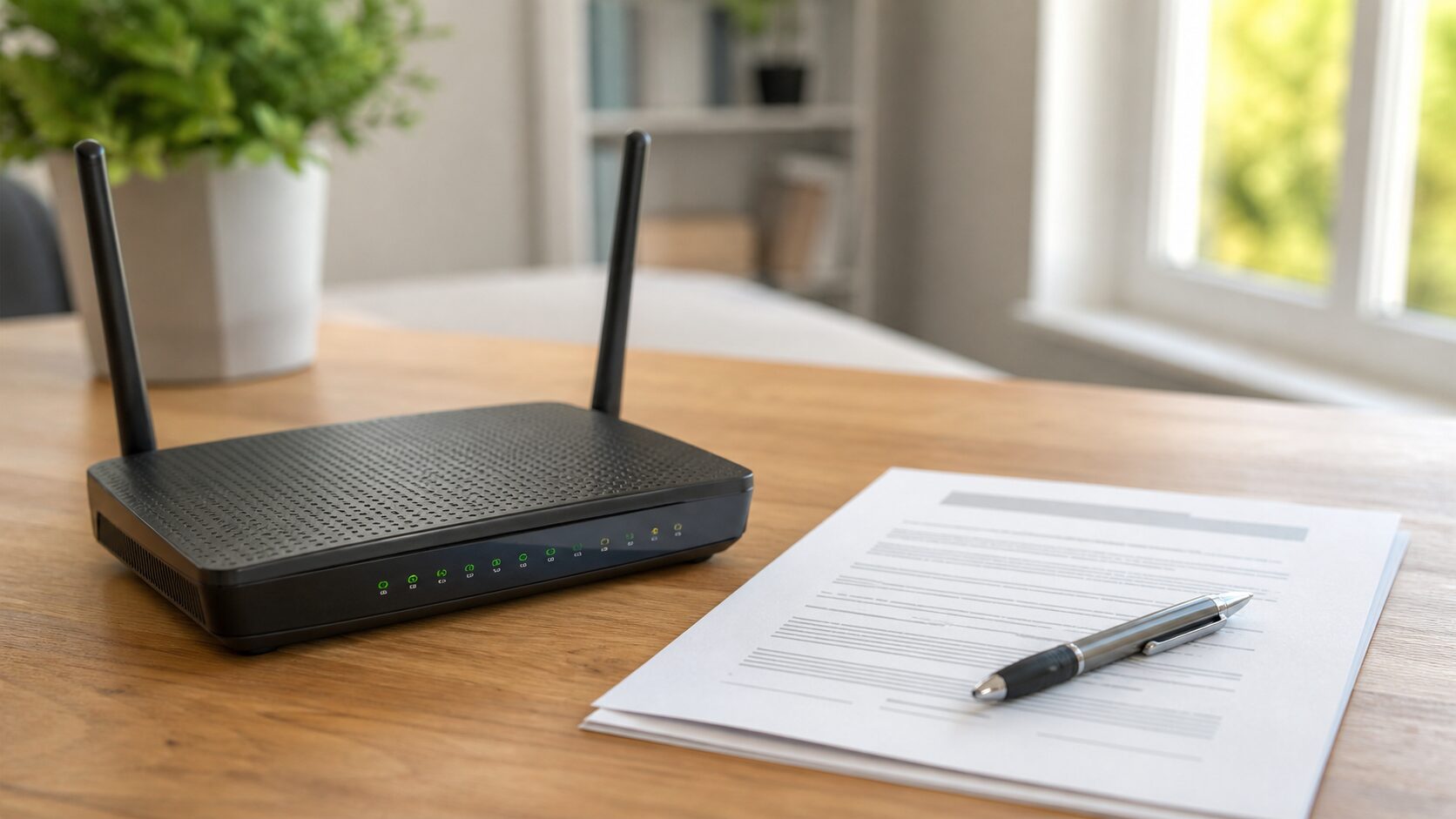机に置かれた家庭用Wi-Fiルーターと光回線の契約書類