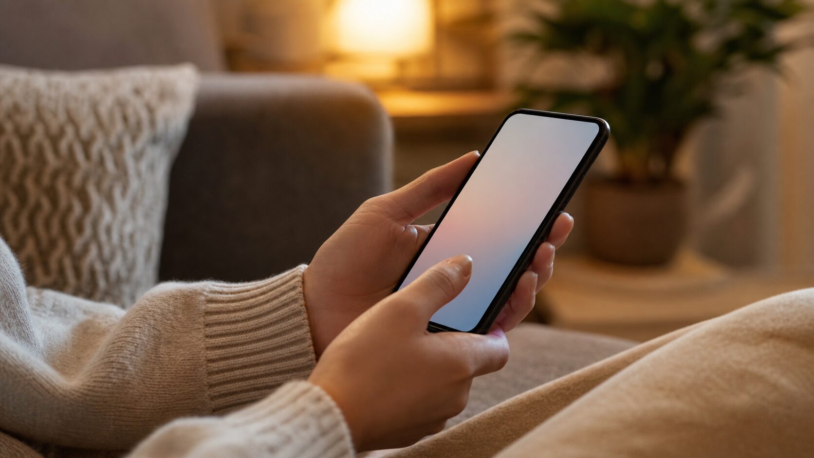 ソファでスマホを使ってくつろぐ手元
