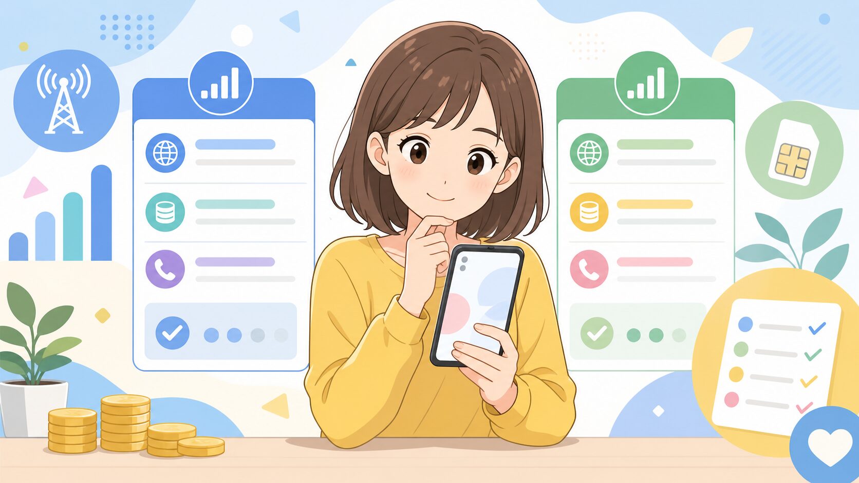 スマホの料金プランを比較する人物のイラスト