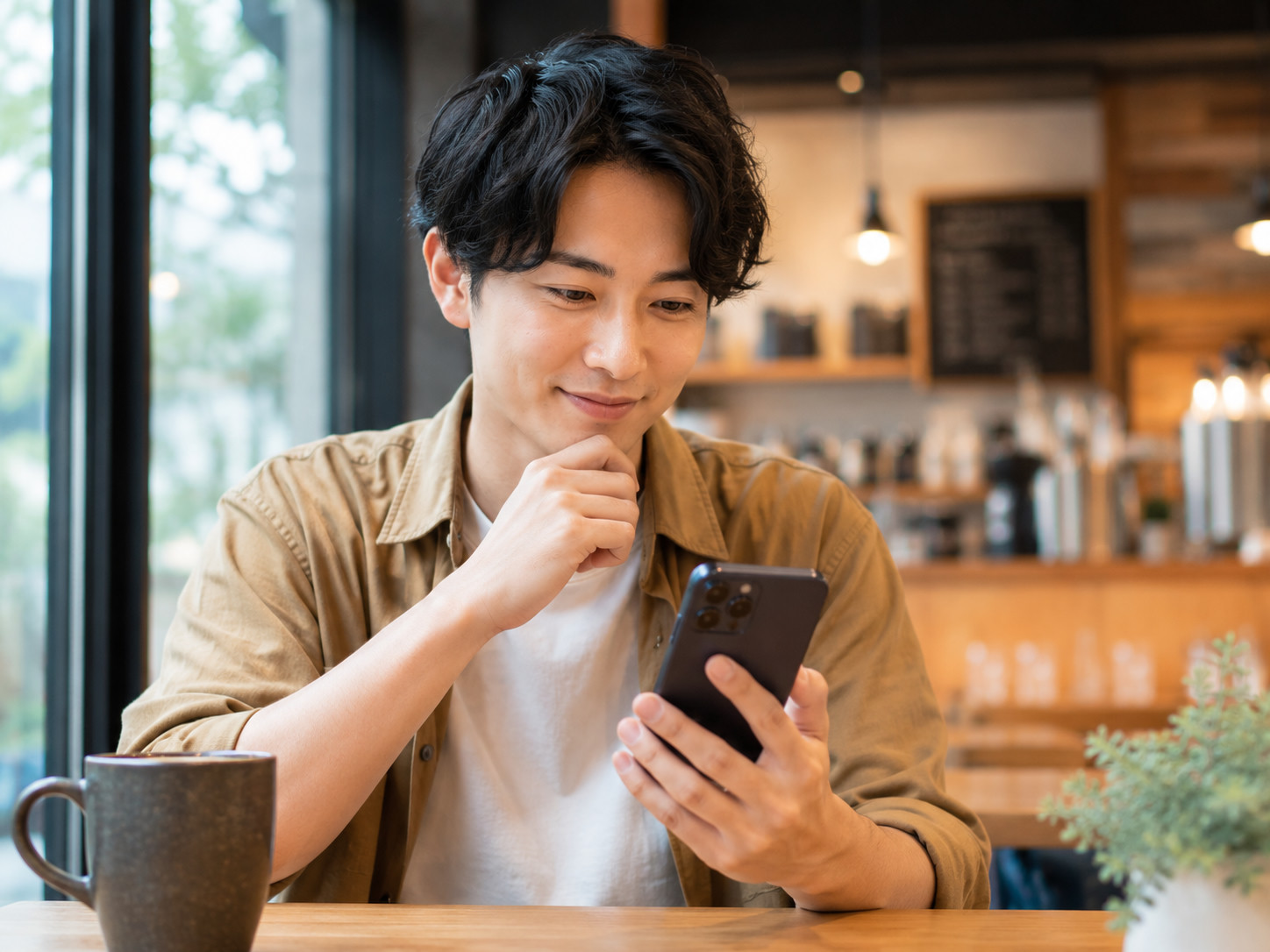 ahamoの口コミ・評判|カフェでスマホを使う男性