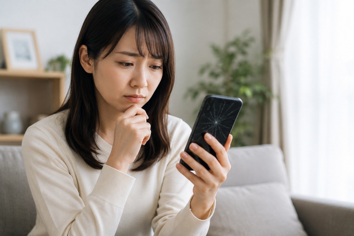 ソファで画面が割れたスマートフォンを見て困った表情の女性