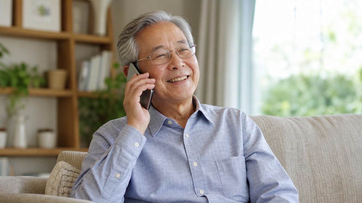 自宅でスマホを使って長電話を楽しむシニア