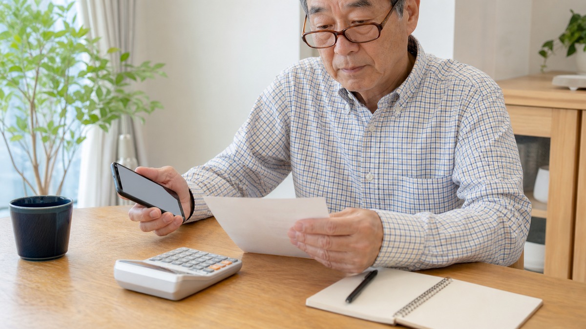 スマホの料金明細と電卓を見ながら通信費を見直すシニア