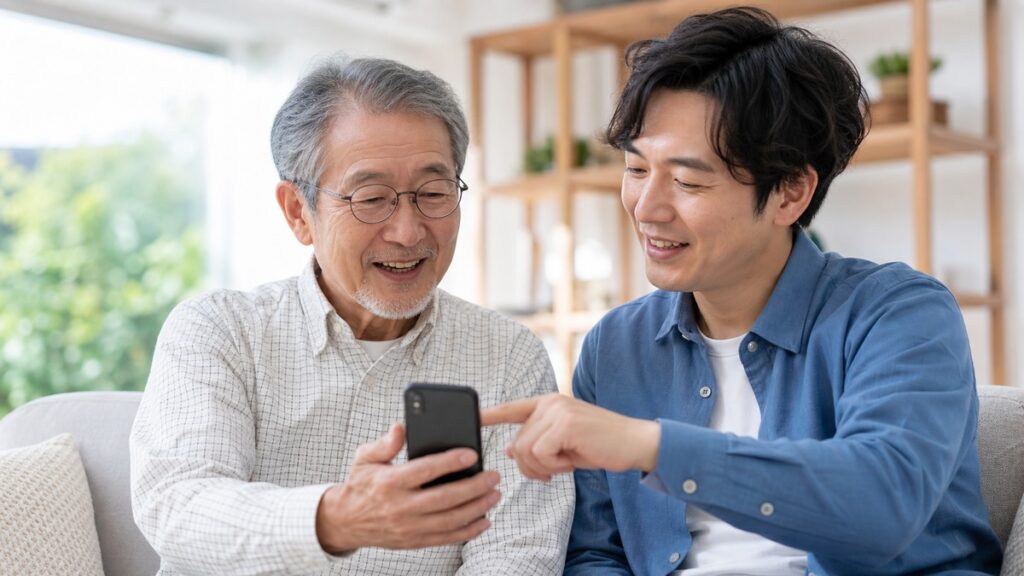 家族と一緒にスマホの料金プランを相談するシニア
