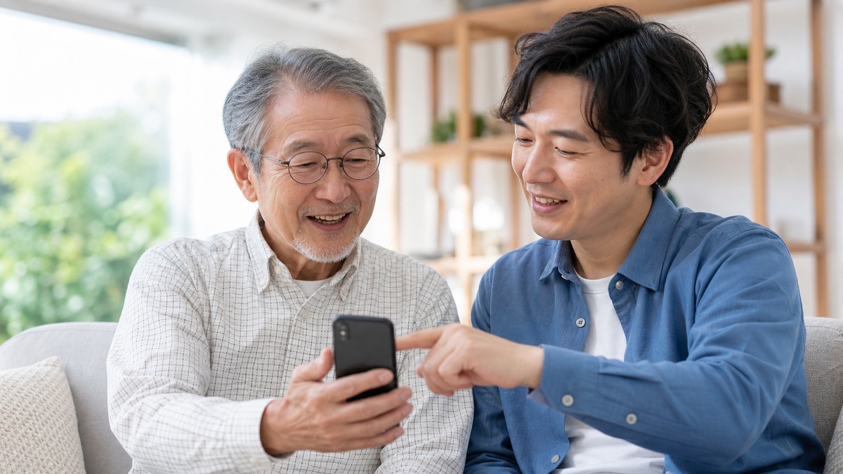 家族と一緒にスマホの料金プランを相談するシニア