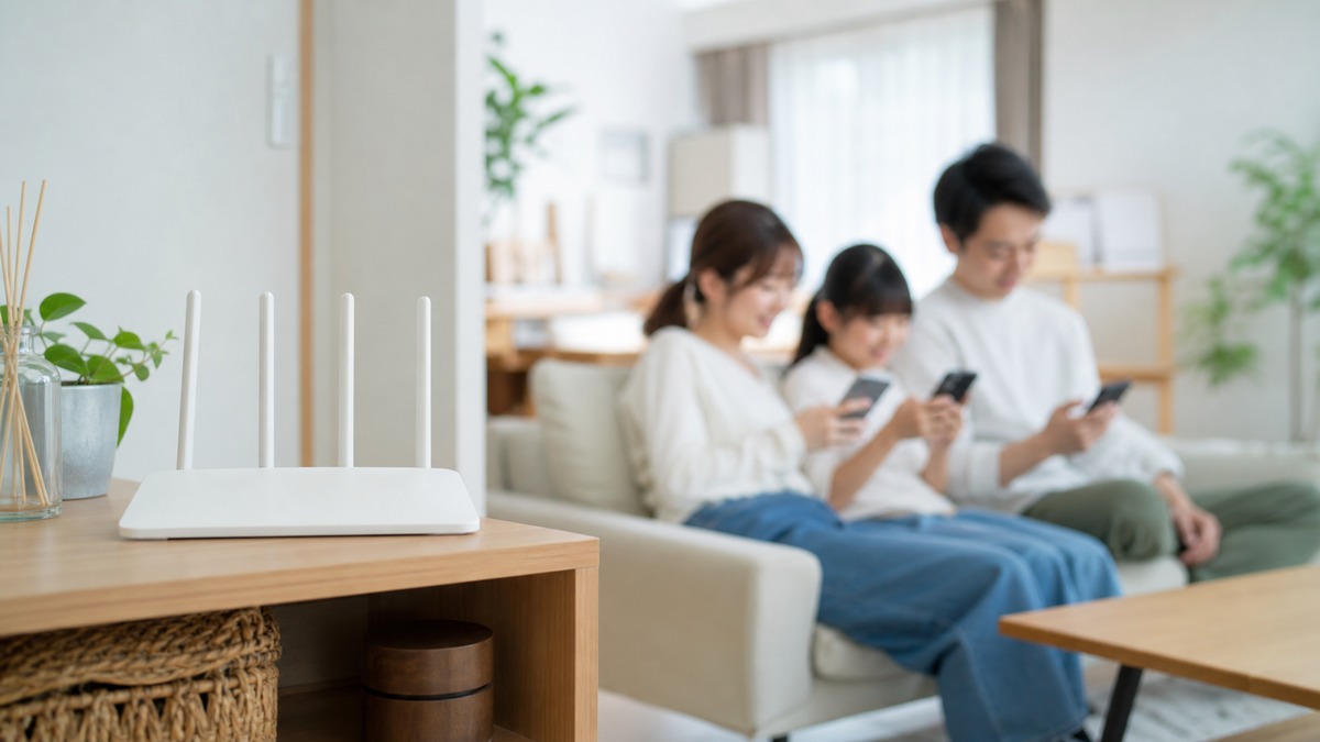 自宅のリビングに置かれたWi-Fiルーターとスマホを使う家族