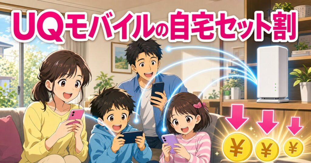 UQモバイルの自宅セット割の条件と申し込み方法を解説するアイキャッチ