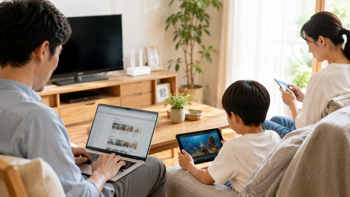 家族がそれぞれデバイスでインターネットを同時利用する様子
