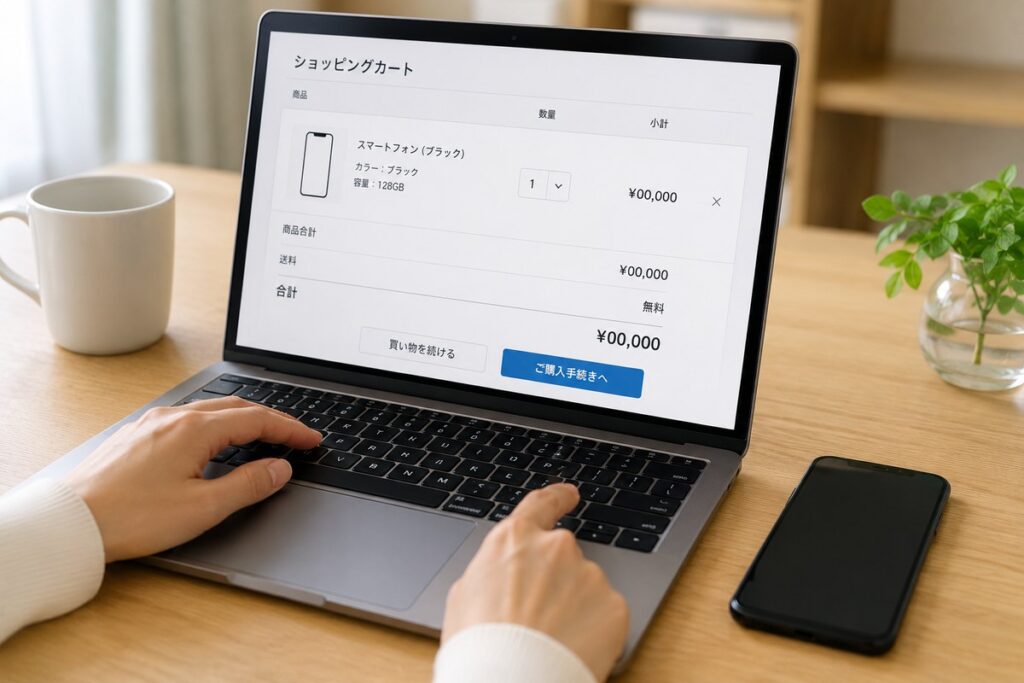 ノートPCでオンラインショップのカート画面を操作する手元