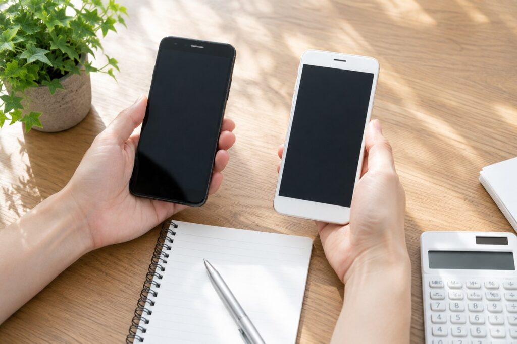 黒いスマホと白いスマホを2台並べて見比べる手元