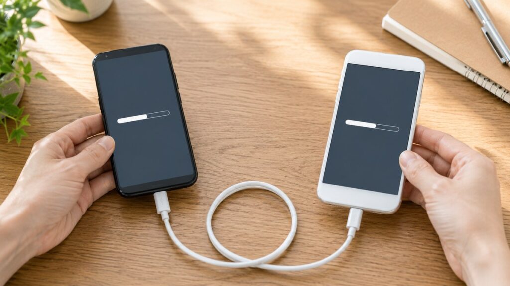 2台のスマホをケーブルでつなぎデータ移行している手元
