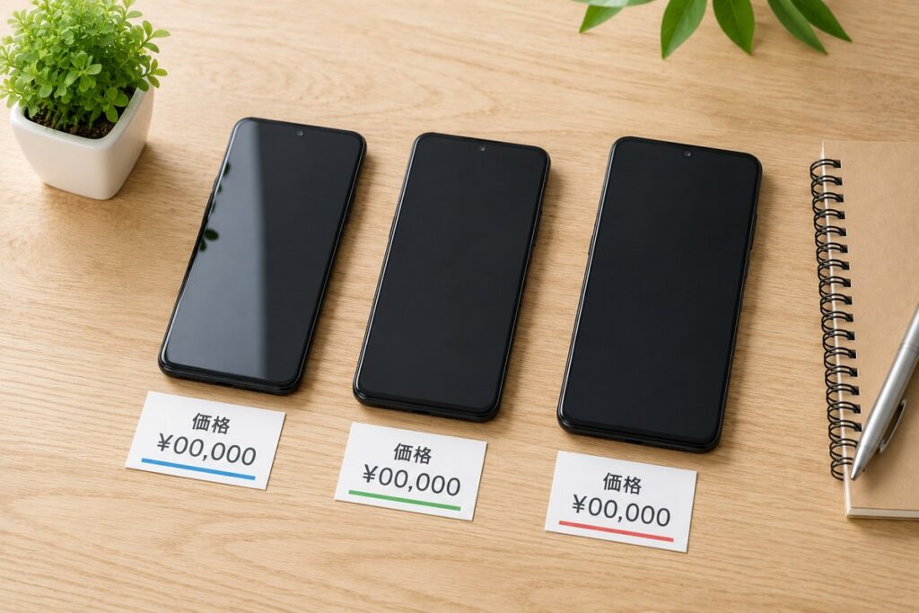ノーブランドのスマホ3台と価格タグで購入ルートを比較するイメージ