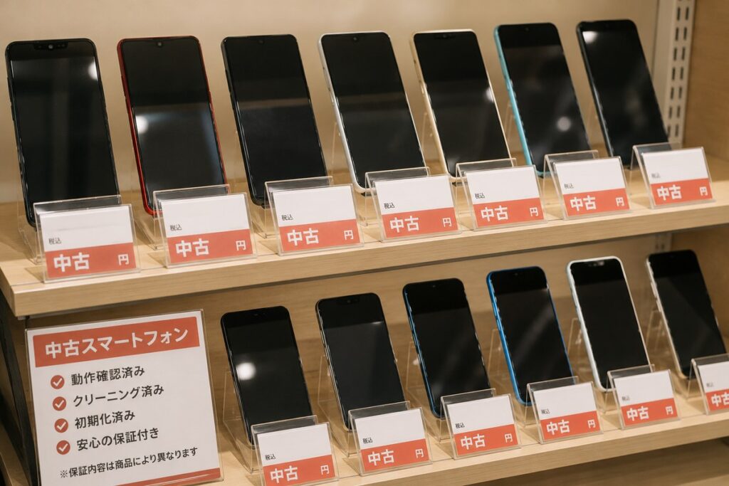 保証付きの中古スマートフォンが並ぶショップの棚