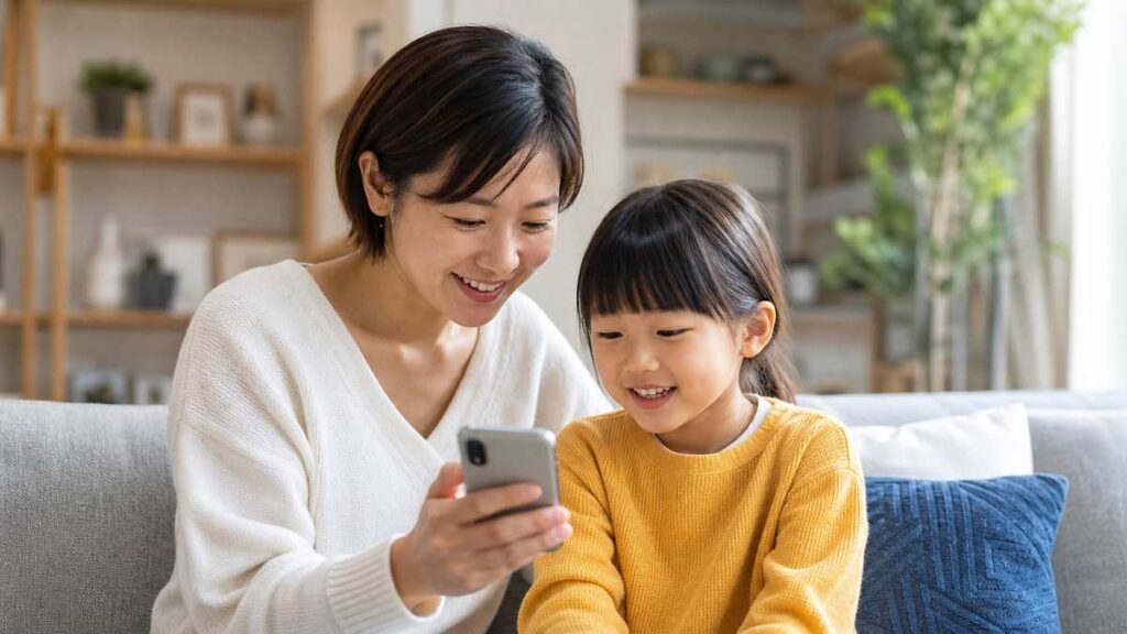 親子で一緒にスマートフォンを見ている様子