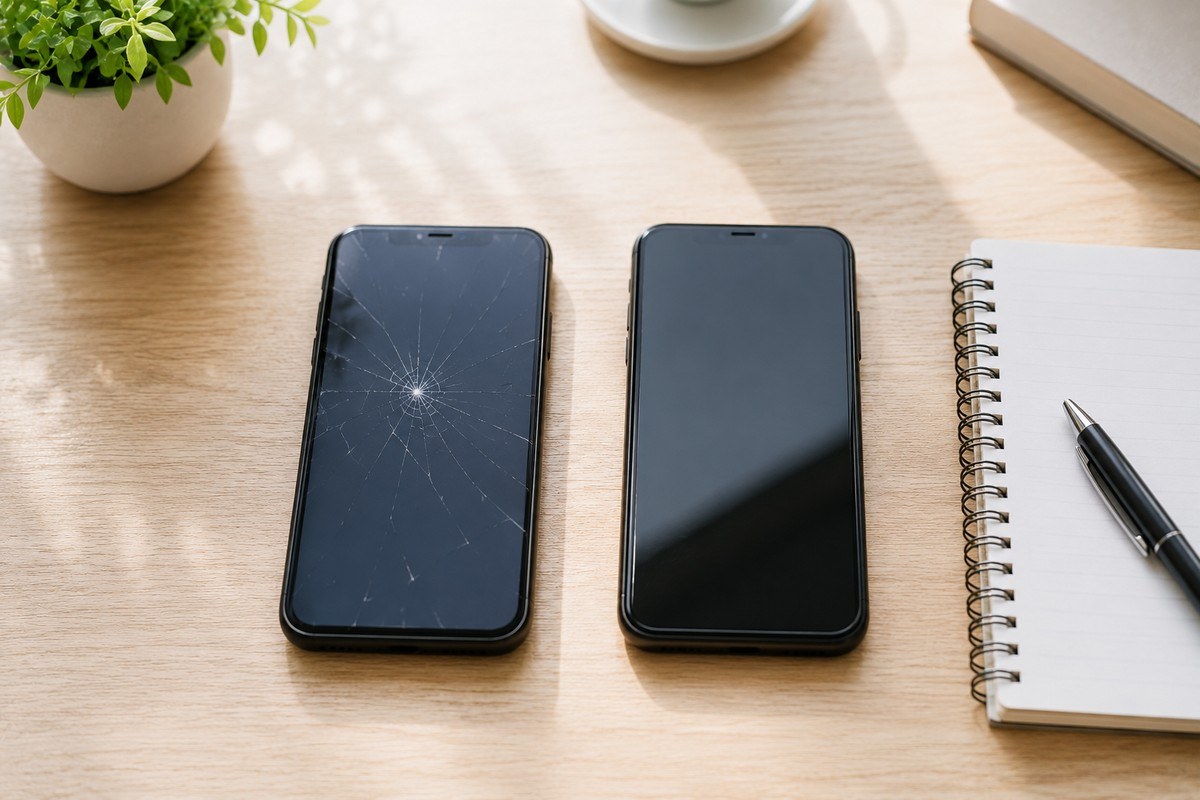 机に並べた画面が割れたスマホと正常なスマホ、ノートとペン