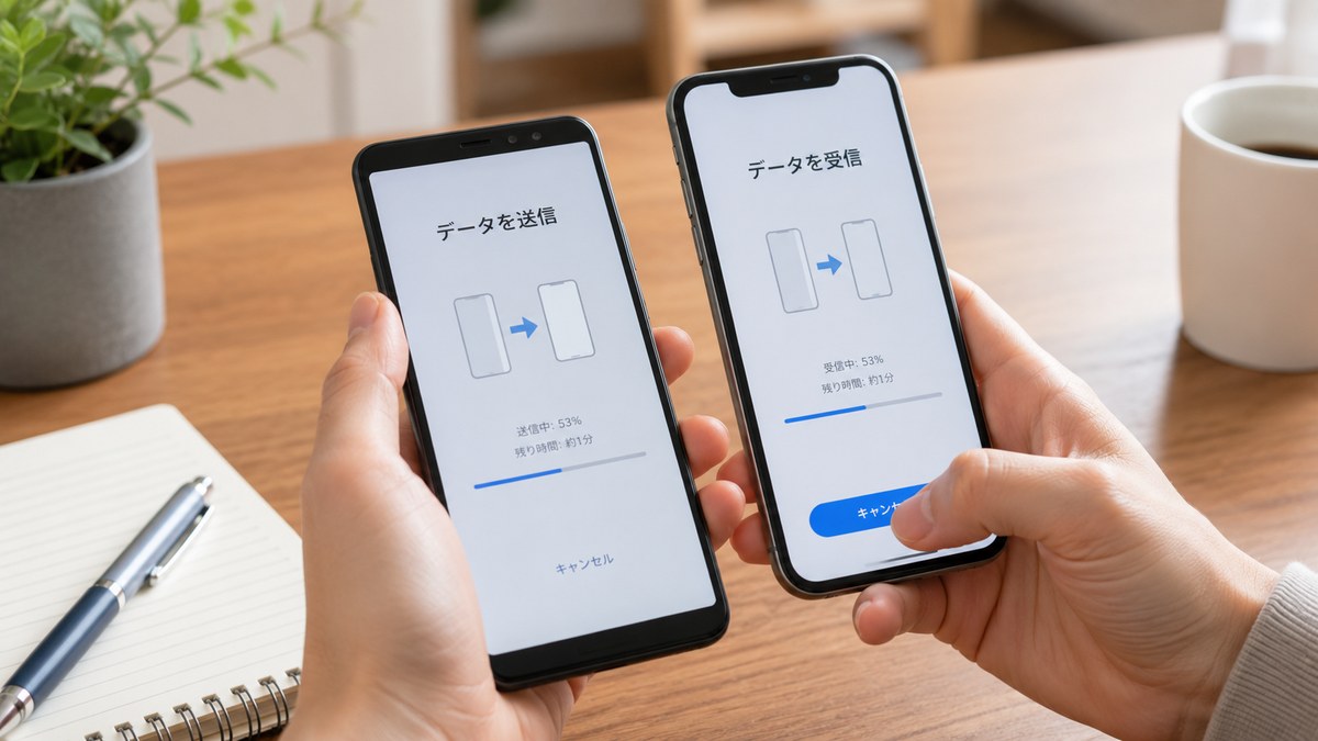 新旧2台のスマホでデータ移行する様子