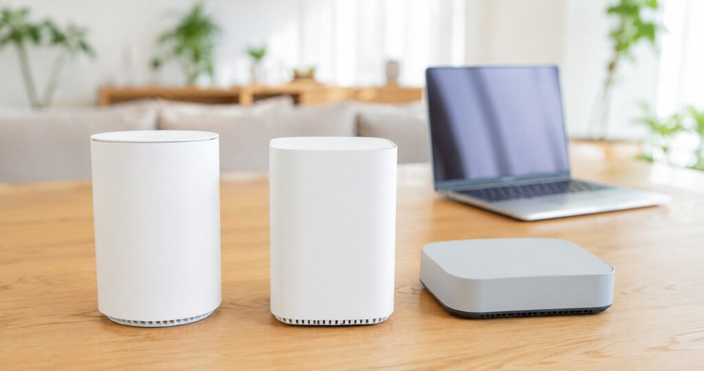明るいリビングのテーブルに並ぶ3台のWi-Fiルーターを見比べるイメージ