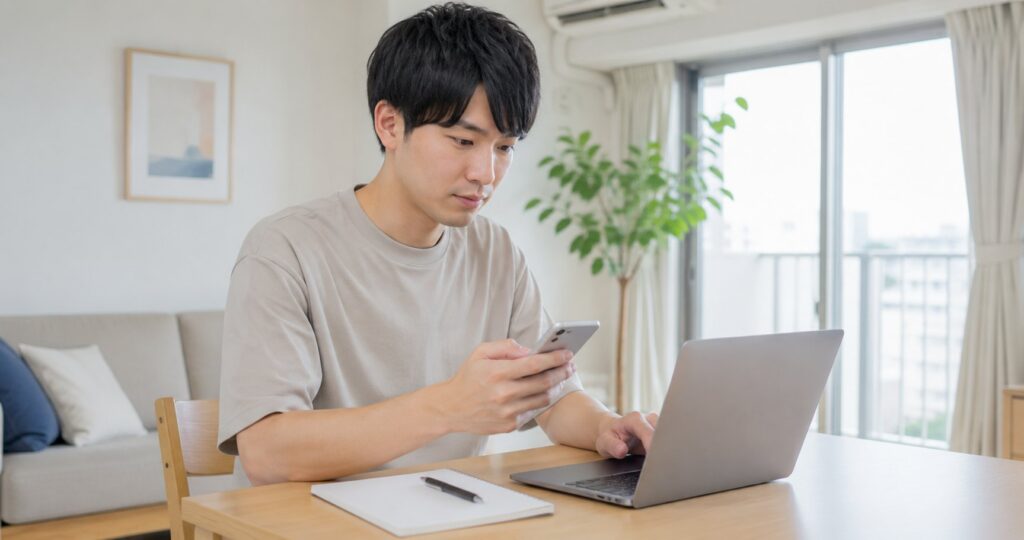 自宅でノートパソコンとスマートフォンを使いオンライン申し込みをする男性