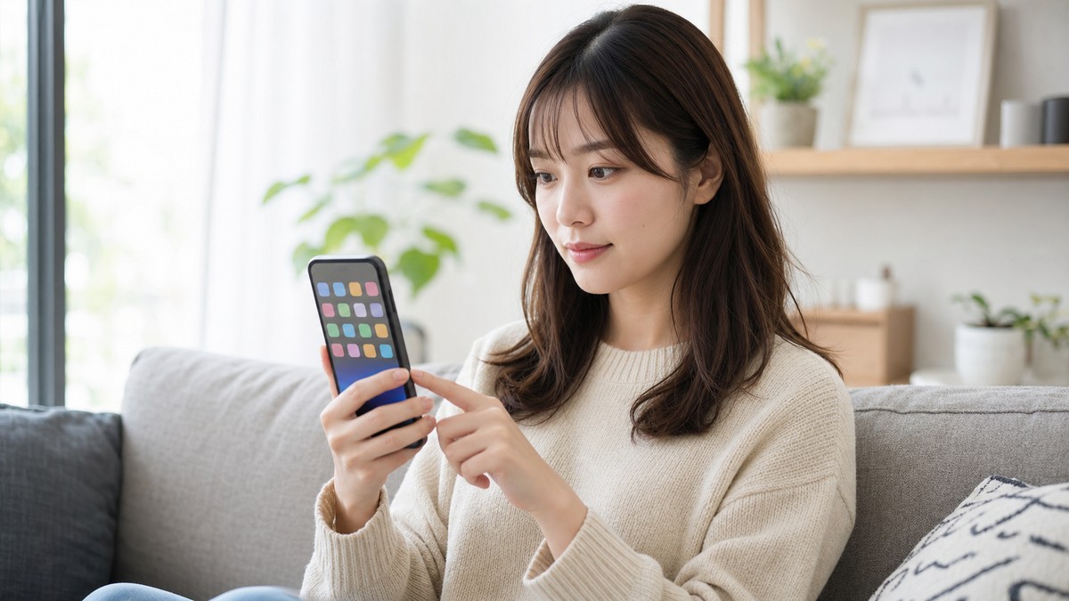 スマートフォンのホーム画面でアプリを探す様子