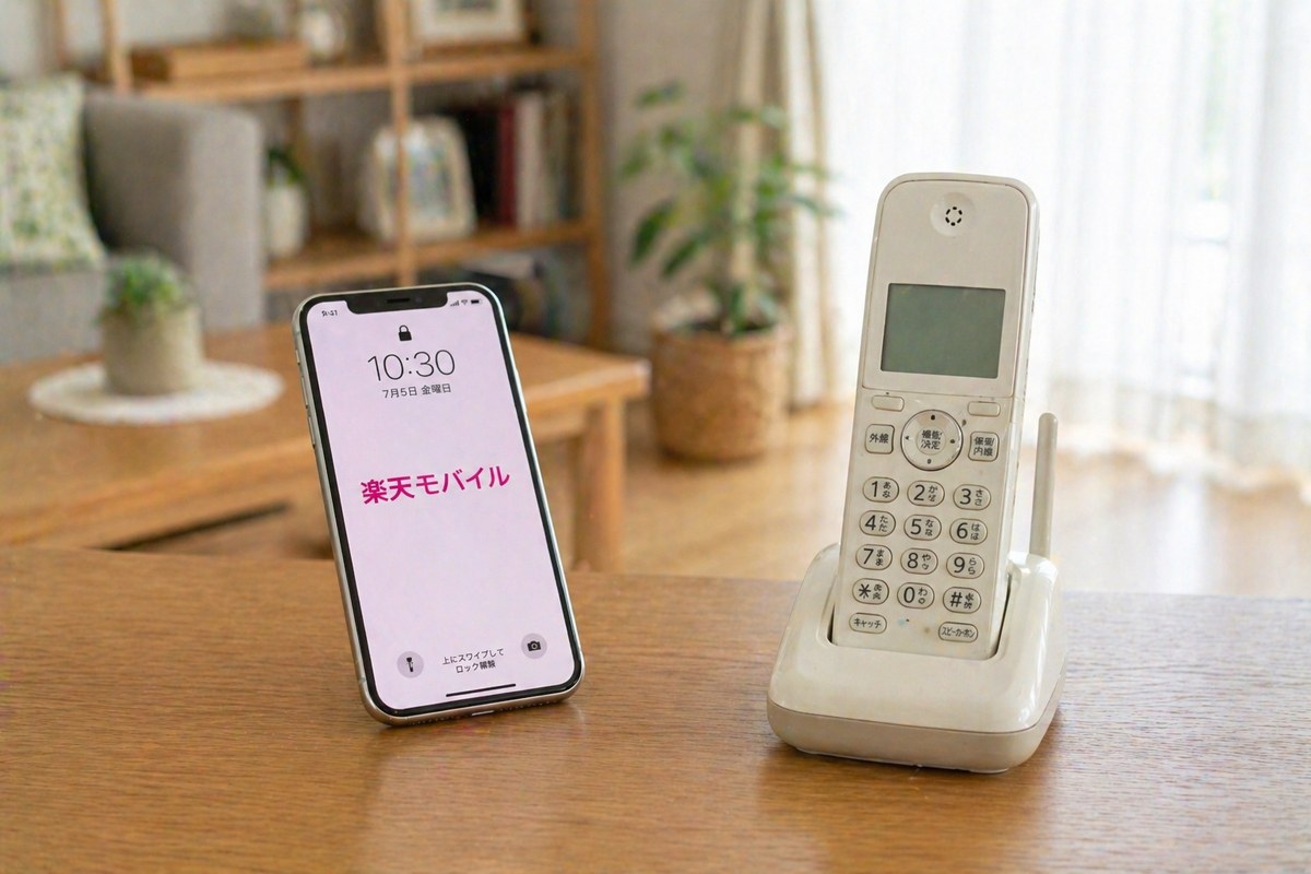 楽天モバイルのスマホと固定電話が並んでいる比較イメージ