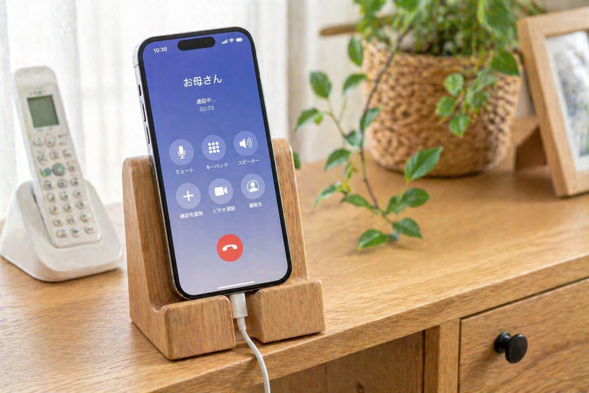 スマホスタンドに充電しながら固定電話代わりに設置されたスマートフォン