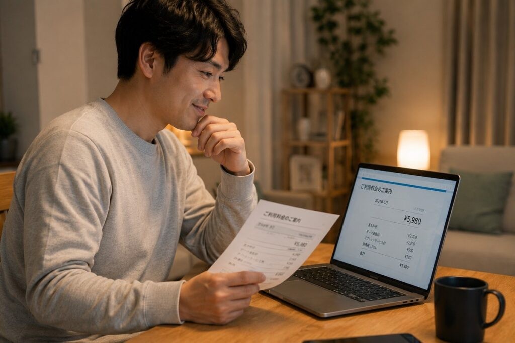 料金明細書とパソコン画面で通信費を確認する男性