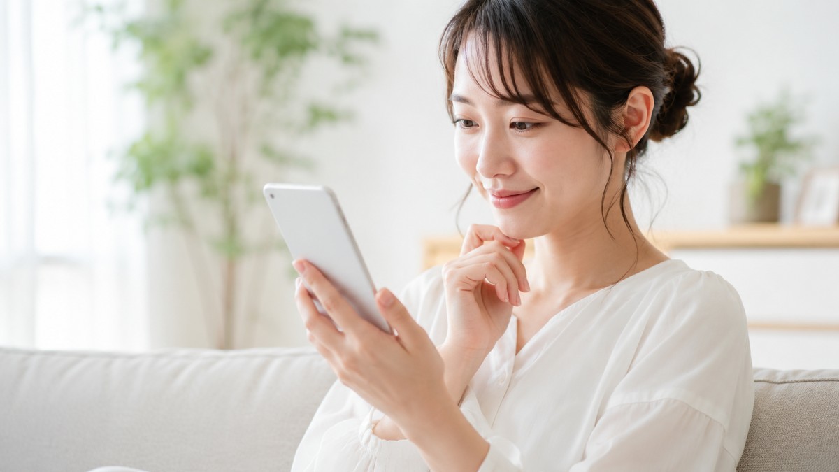 スマートフォンで料金プランを確認する女性