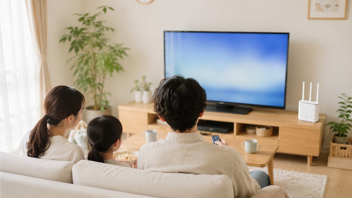 リビングで家族がテレビを見ながらWi-Fiルーターでネットも使う様子