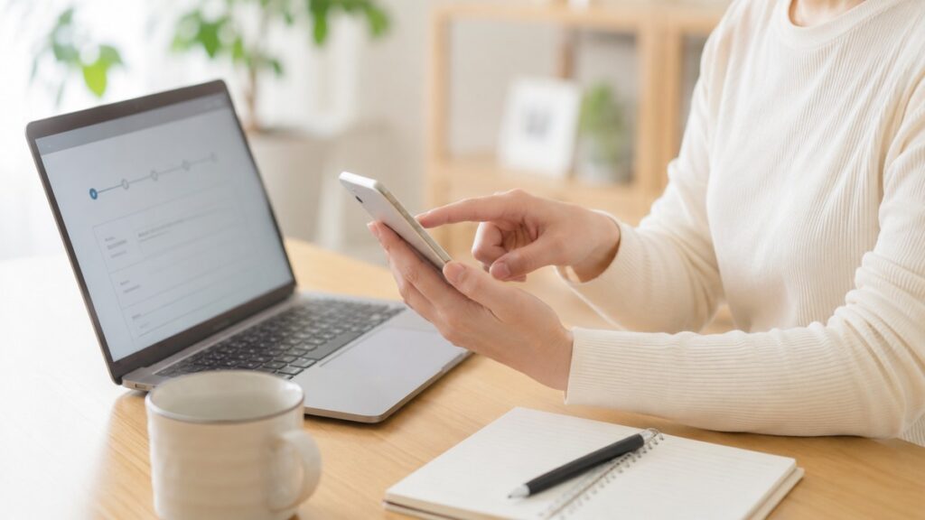 ノートパソコンとスマホで申し込み手続きをする手元