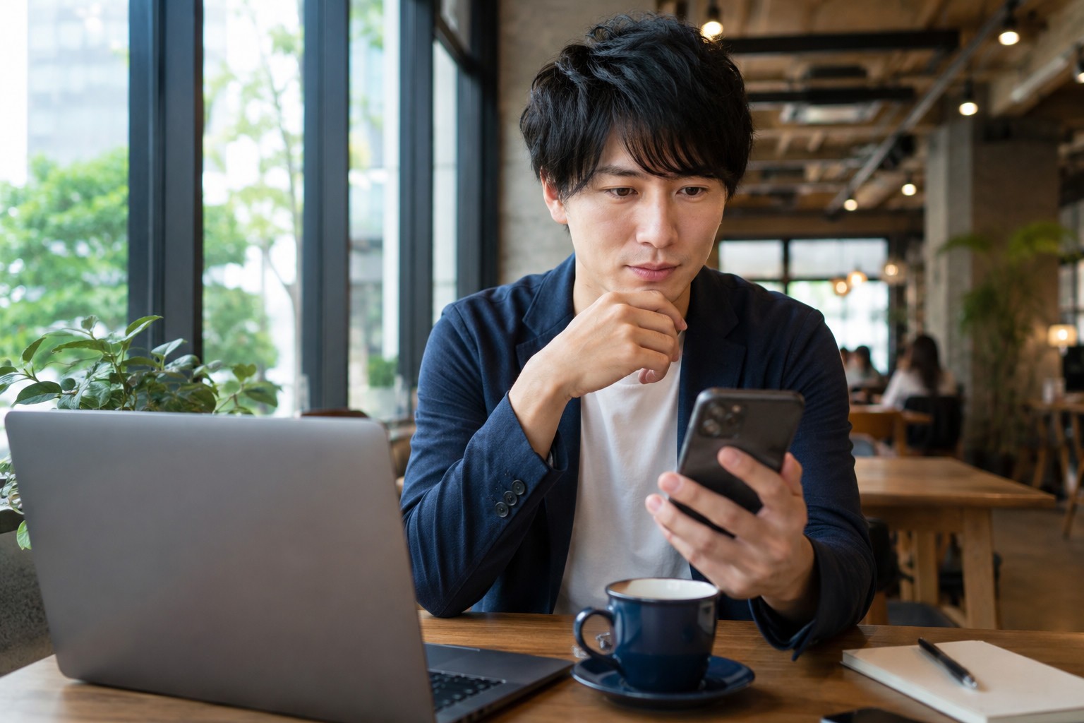 カフェでスマホとPCを確認する男性