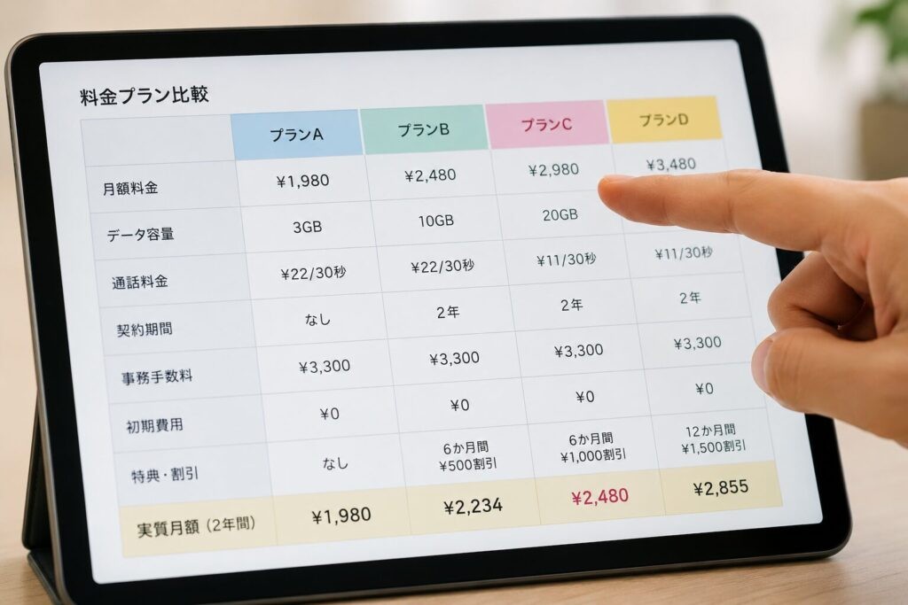 タブレット画面に表示された4プランの料金比較表を指差している写真