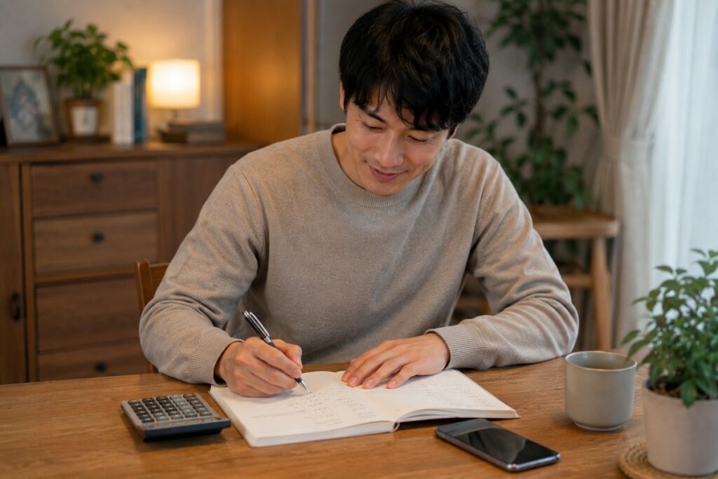 家計簿に計算しながら通信費を見直す男性