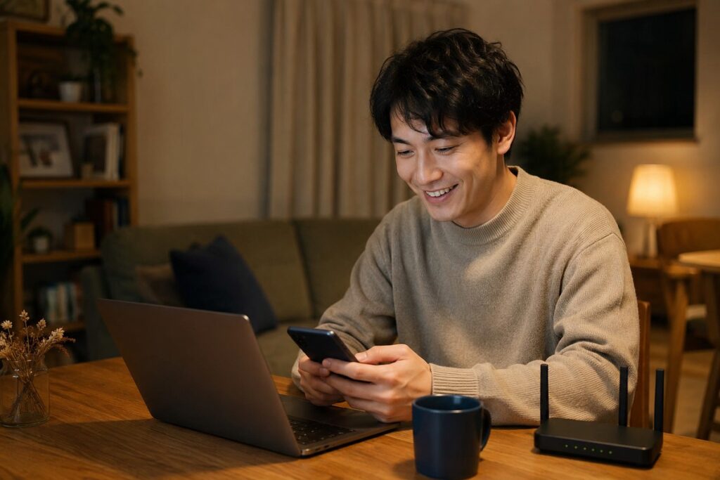 Wi-Fiルーター横でスマホを見る男性