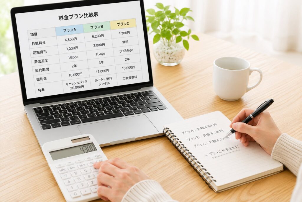 eo光とso-net光の料金プランを比較する女性