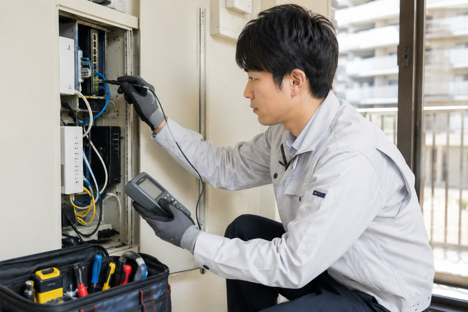 マンションのMDF室(設備室)で通信機器を確認するNURO光の工事員