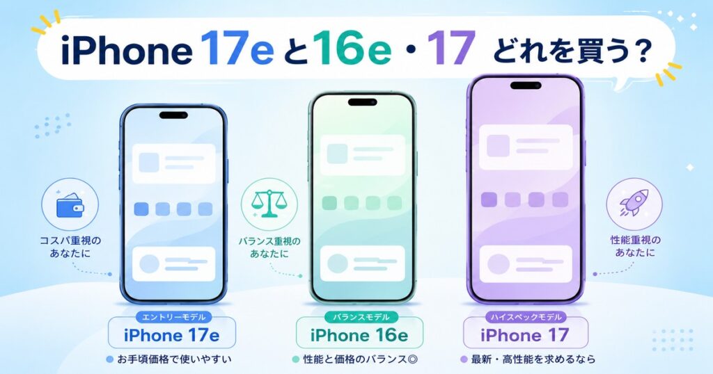 iPhone 17e・16e・17の3機種を並べてどれを買うべきか比較するアイキャッチ画像