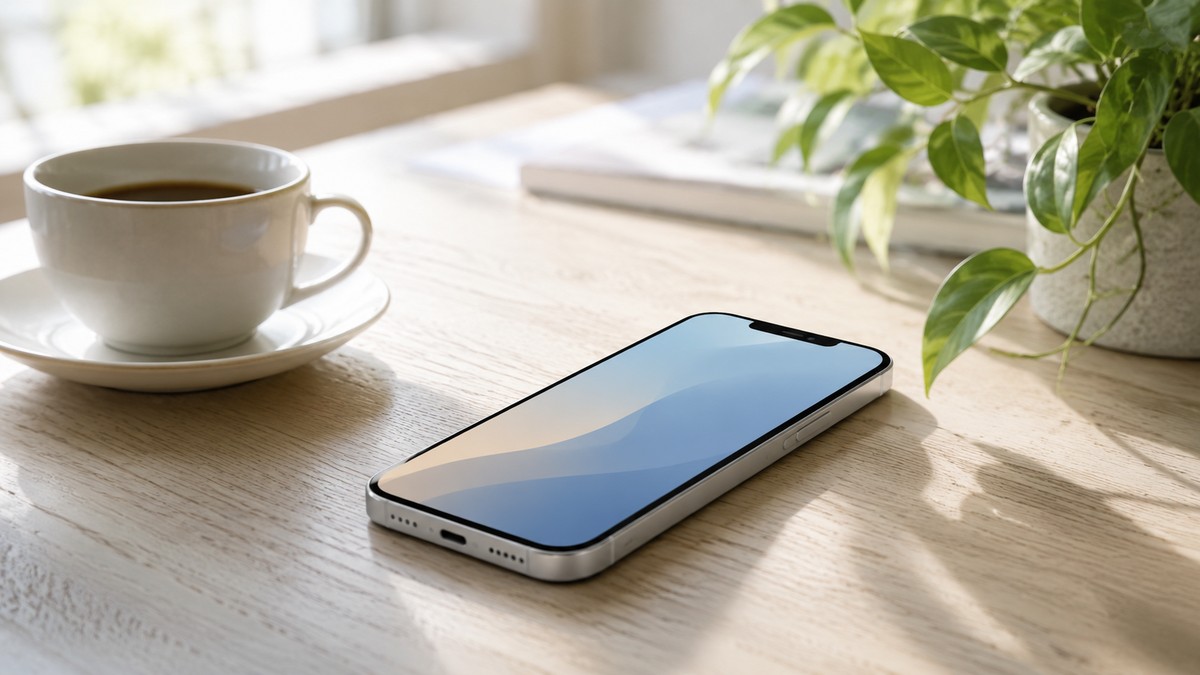 木の机にコーヒーと観葉植物とともに置かれたiPhone 17eの本体イメージ