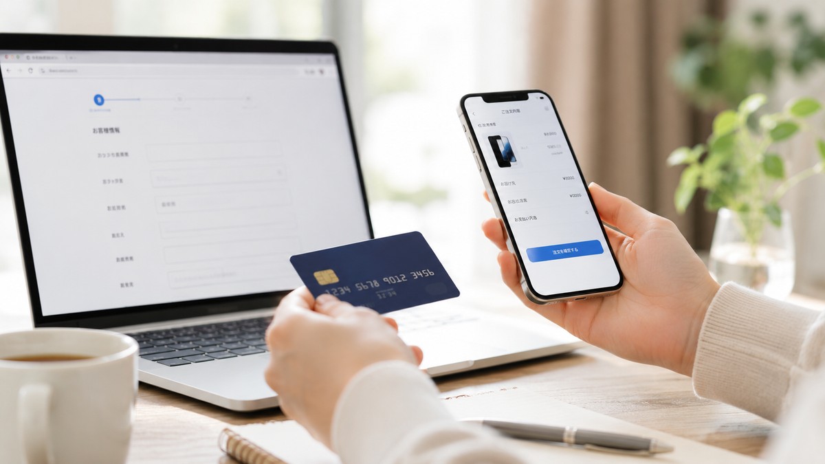 ノートPCとクレジットカード、スマホでiPhoneをオンライン購入する手続きのイメージ