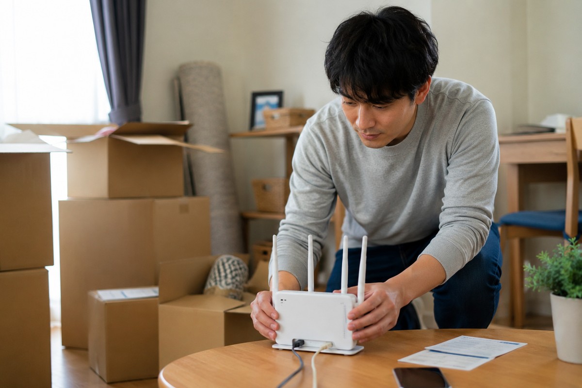 引越し箱に囲まれながらルーターを設置する男性
