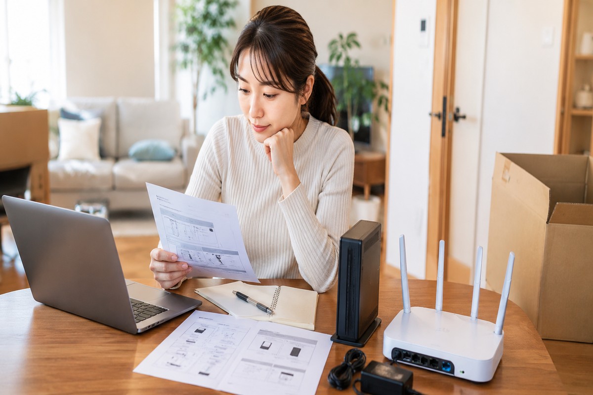 ルーターの設定書類を確認する女性