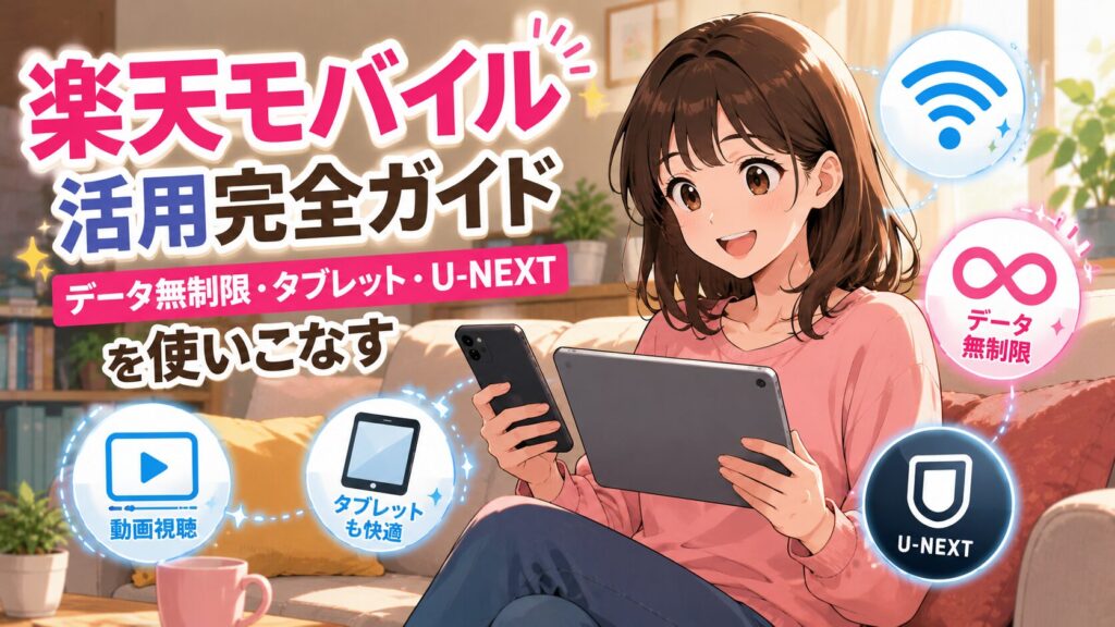 楽天モバイルでタブレットとスマホを活用する女性のイラスト