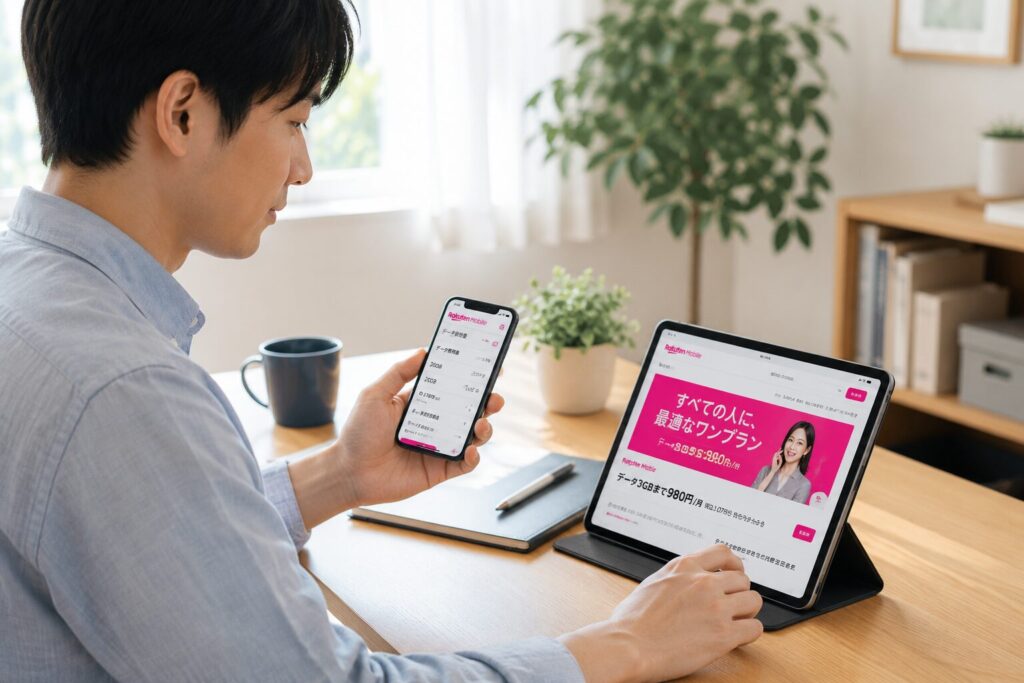 スマートフォンとタブレットを同時に使う男性