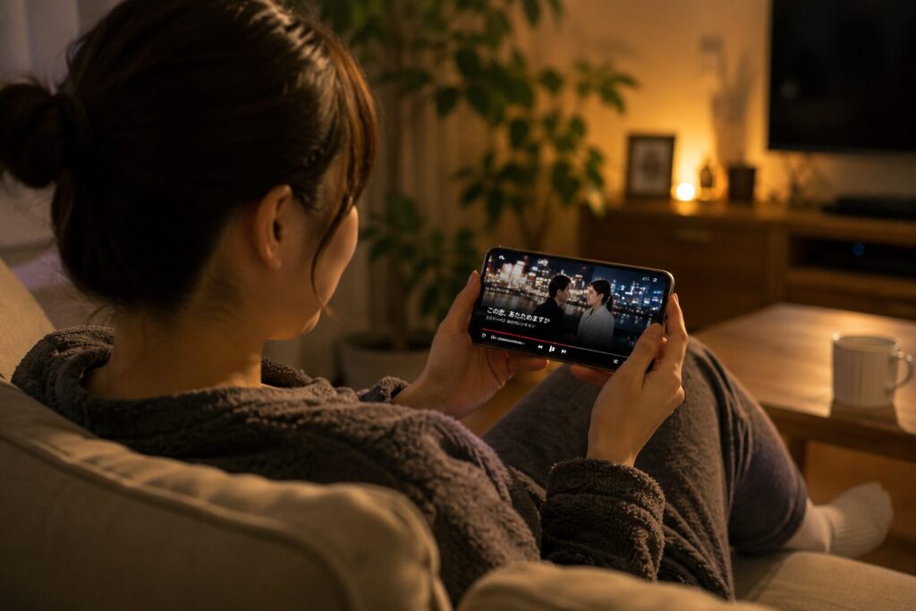 ソファでスマホの動画を視聴する女性