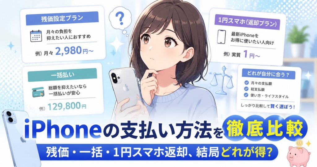 iPhoneの残価設定・一括・1円スマホ返却の支払い方法を比較するイラスト