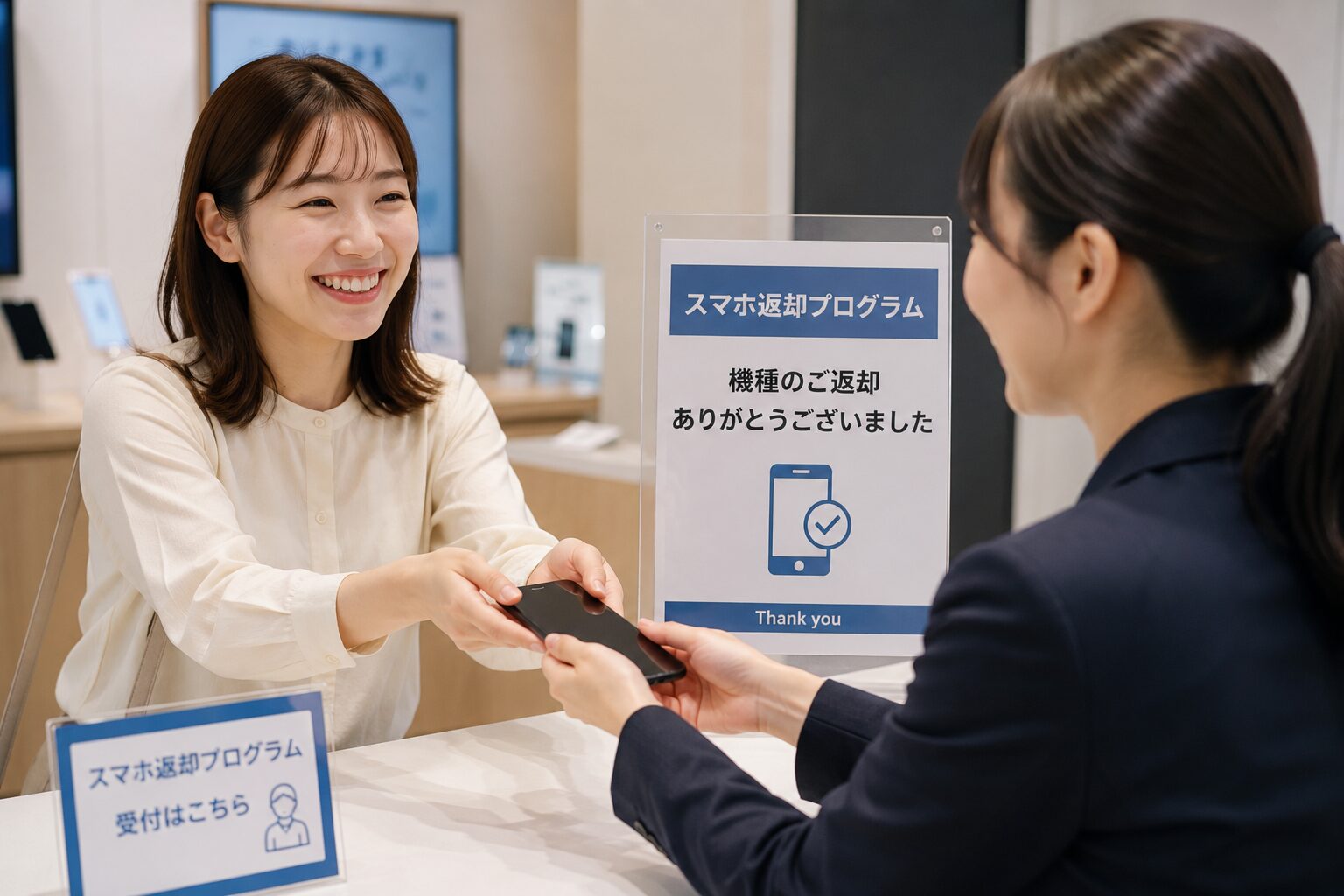 キャリアショップでiPhoneを返却する女性