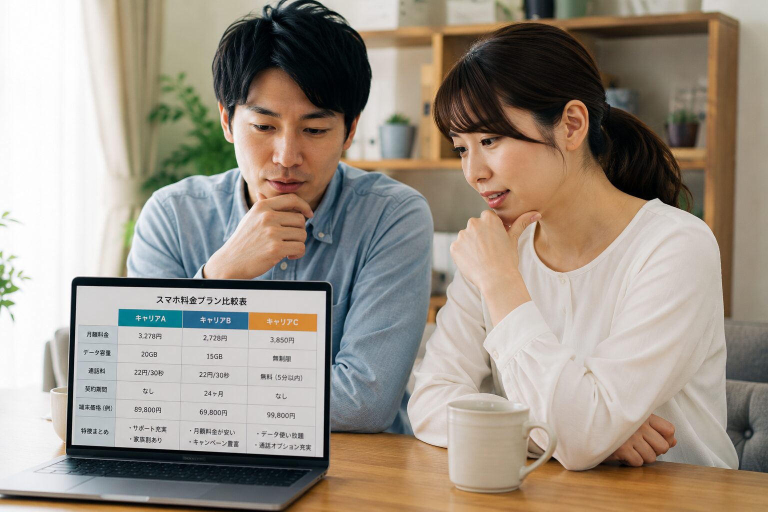 カップルがスマホプランをPCで比較している