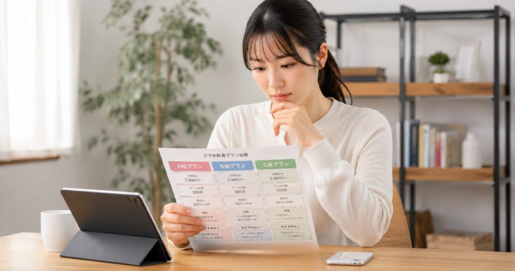 スマホプランを比較する女性