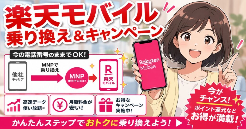 楽天モバイルへのMNP乗り換えとキャンペーンを紹介するイラスト