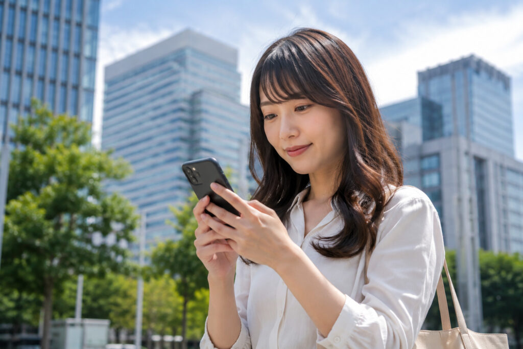 屋外でスマホを使う女性(楽天モバイル)